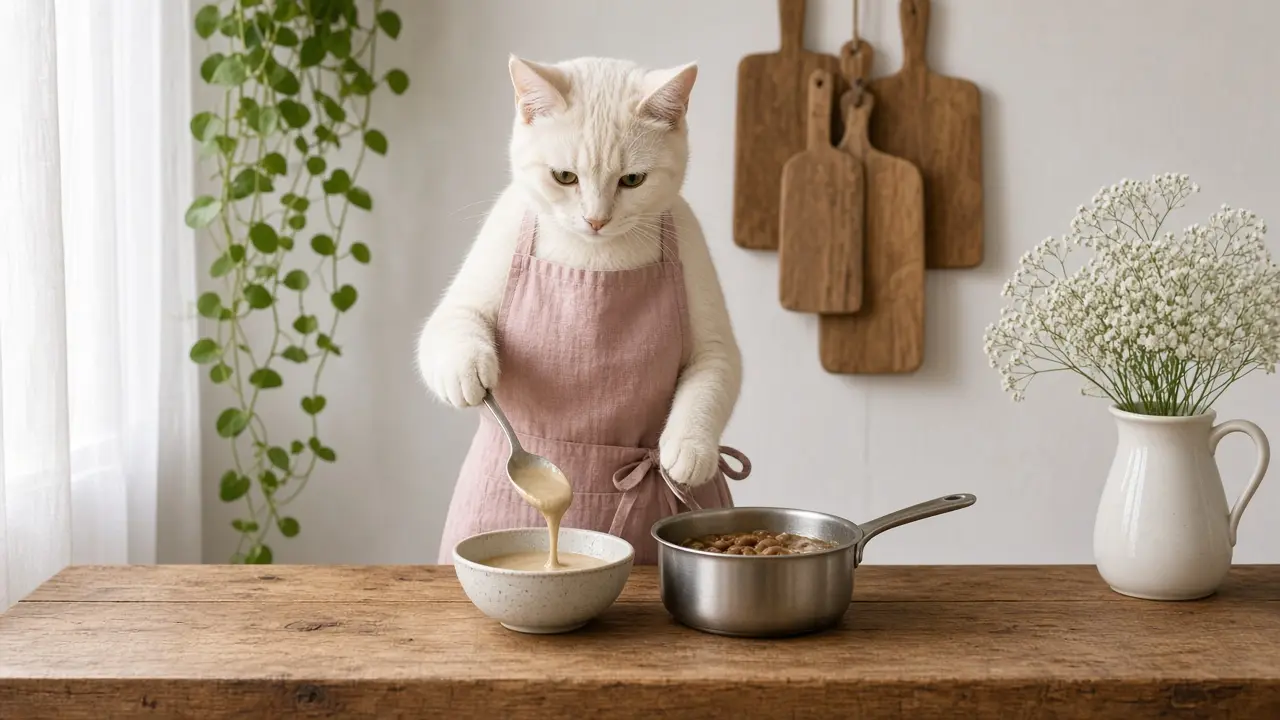 A cream-coloured cat in a pink apron, cooking this dish