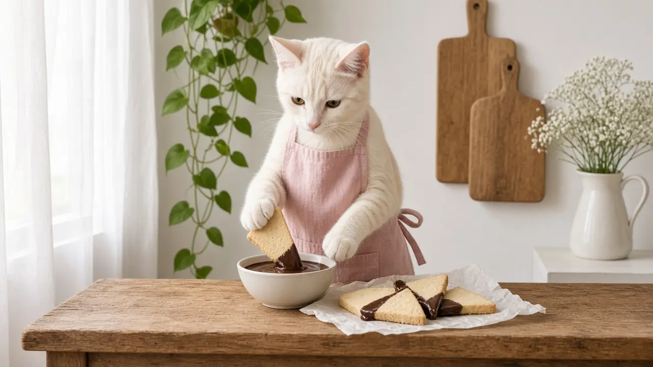 A cream-coloured cat in a pink apron, cooking this dish