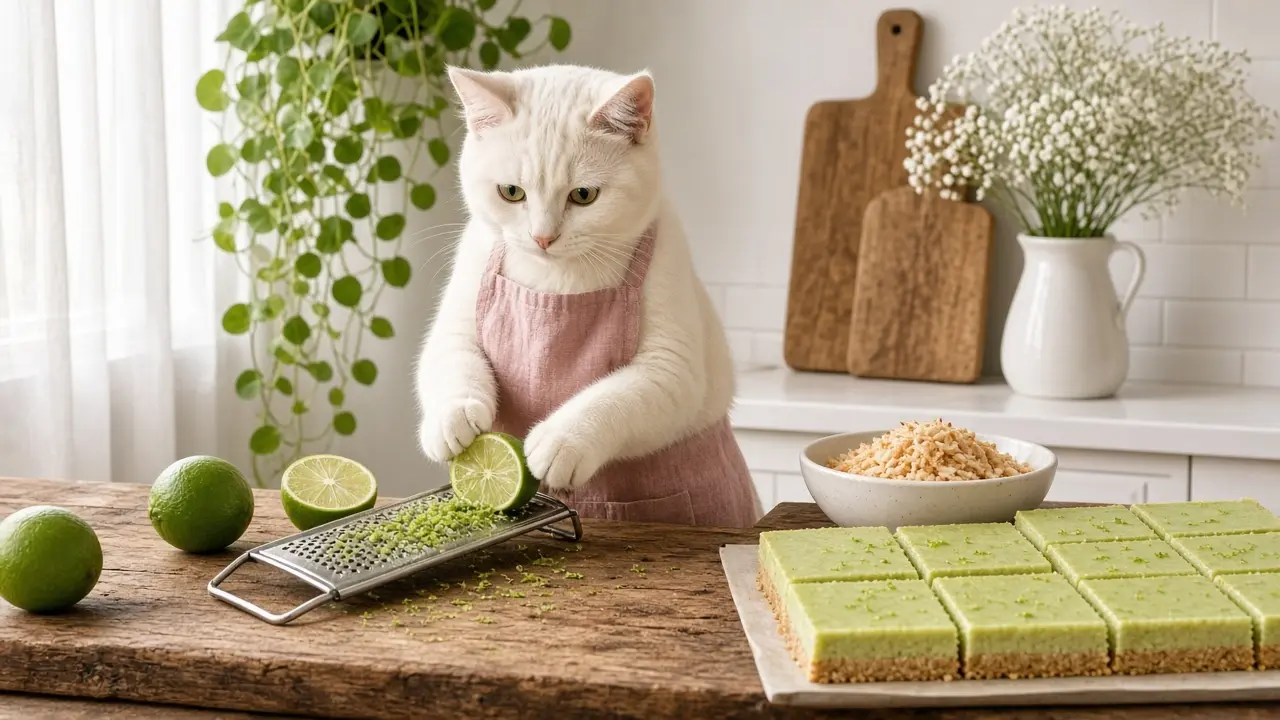 A cream-coloured cat in a pink apron, cooking this dish