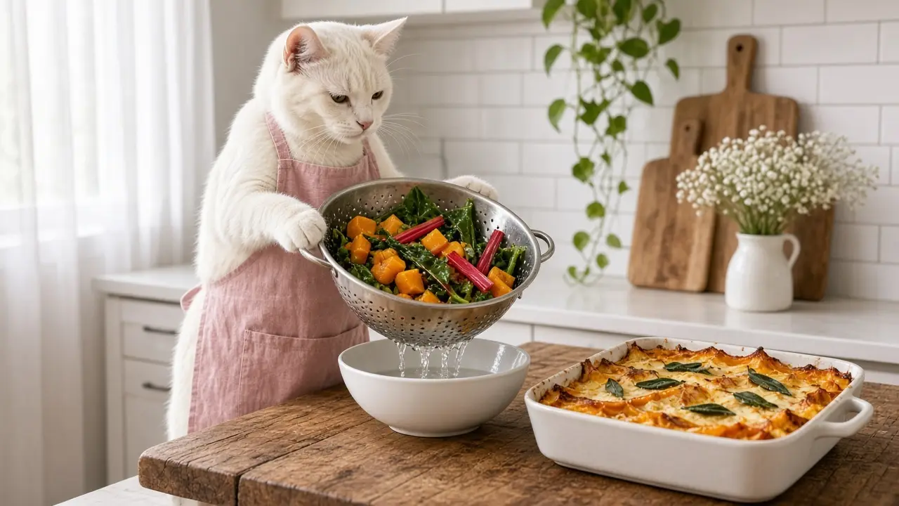 A cream-coloured cat in a pink apron, cooking this dish