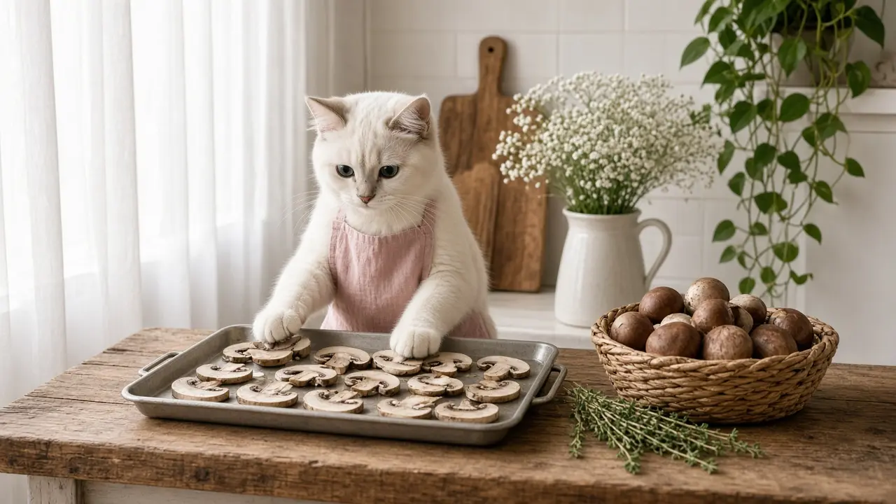 A cream-coloured cat in a pink apron, cooking this dish