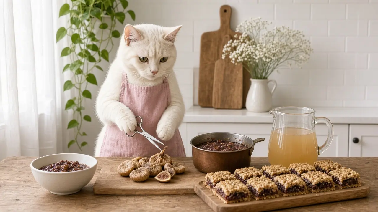 A cream-coloured cat in a pink apron, cooking this dish