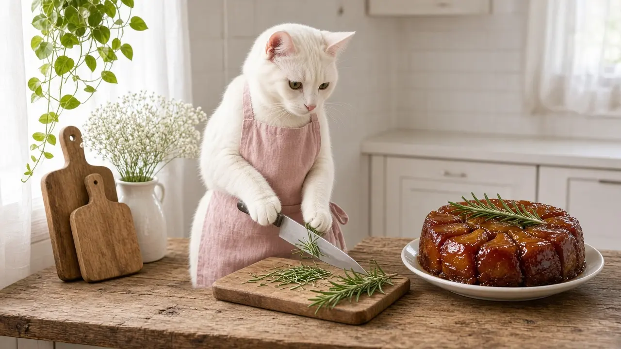A cream-coloured cat in a pink apron, cooking this dish