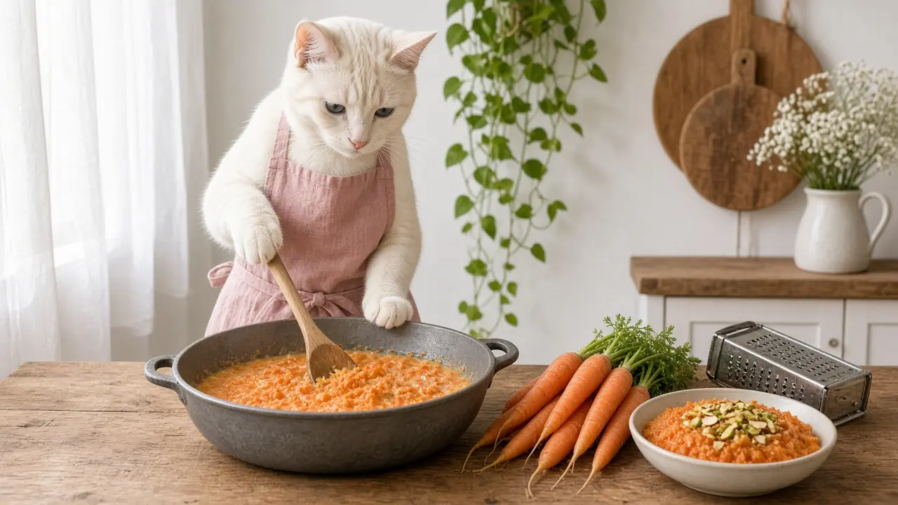 A cream-coloured cat in a pink apron, cooking this dish