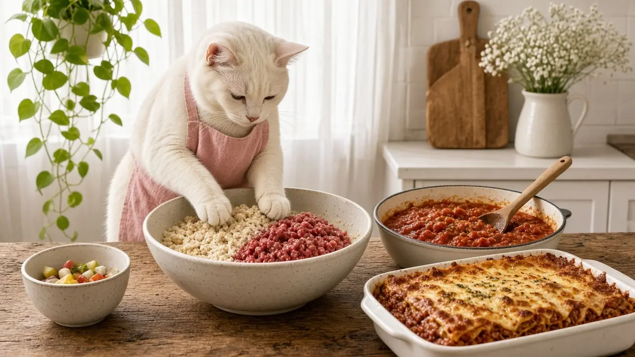 A cream-coloured cat in a pink apron, cooking this dish