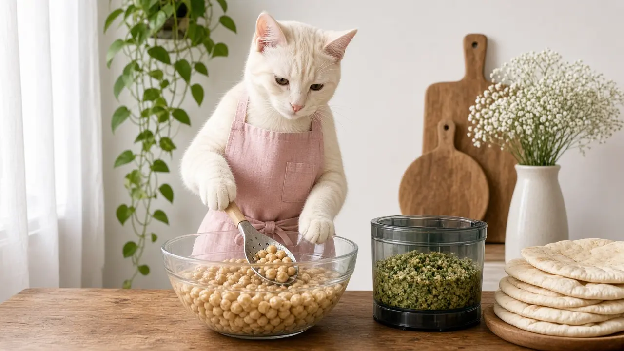 A cream-coloured cat in a pink apron, cooking this dish