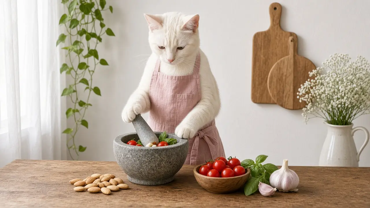A cream-coloured cat in a pink apron, cooking this dish