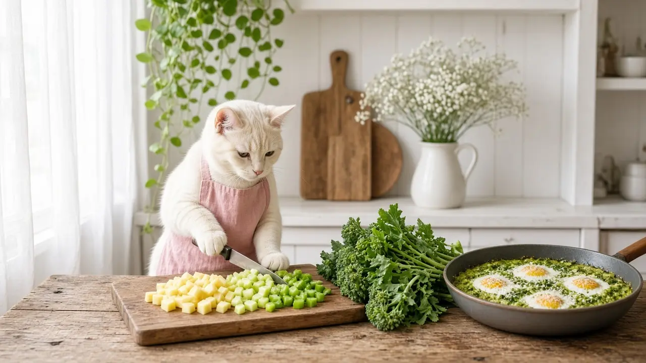 A cream-coloured cat in a pink apron, cooking this dish