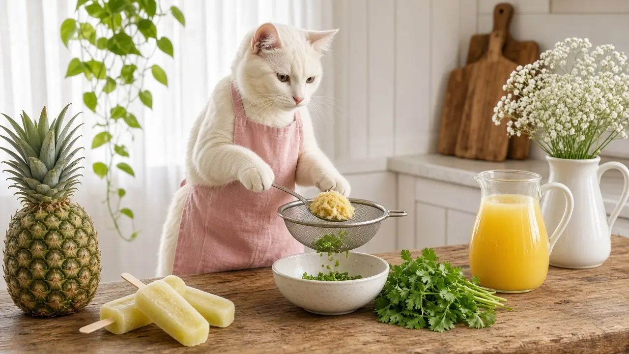 A cream-coloured cat in a pink apron, cooking this dish