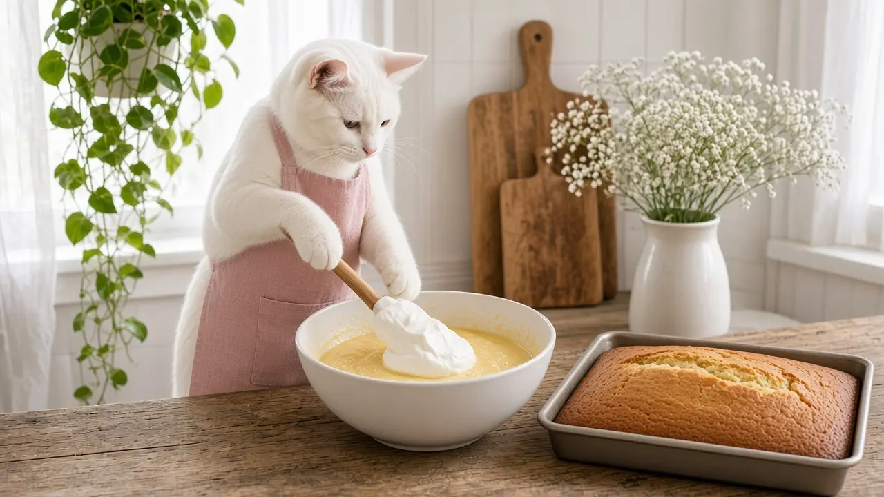 A cream-coloured cat in a pink apron, cooking this dish