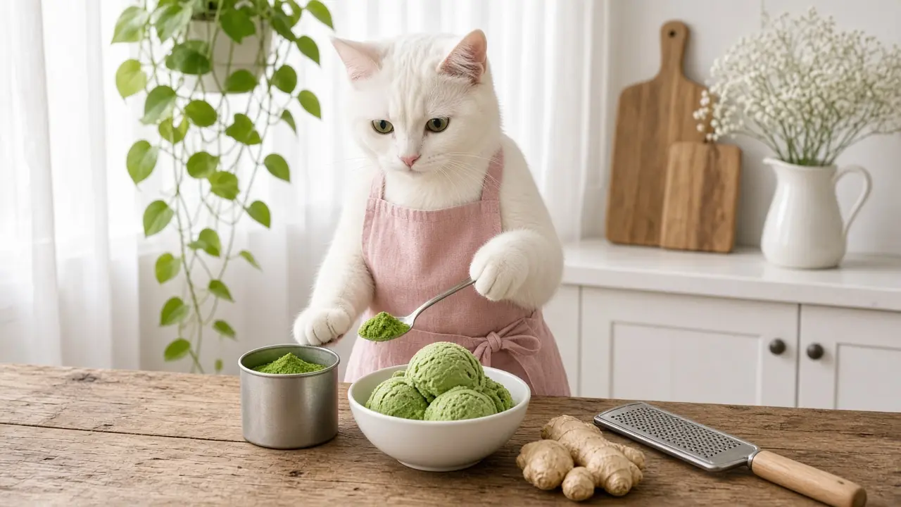 A cream-coloured cat in a pink apron, cooking this dish