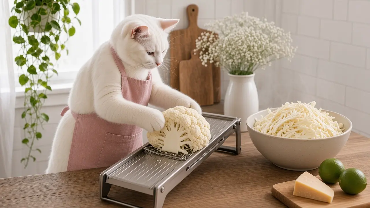 A cream-coloured cat in a pink apron, cooking this dish