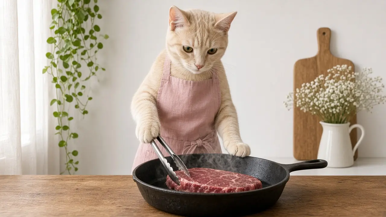 A cream-coloured cat in a pink apron, cooking this dish