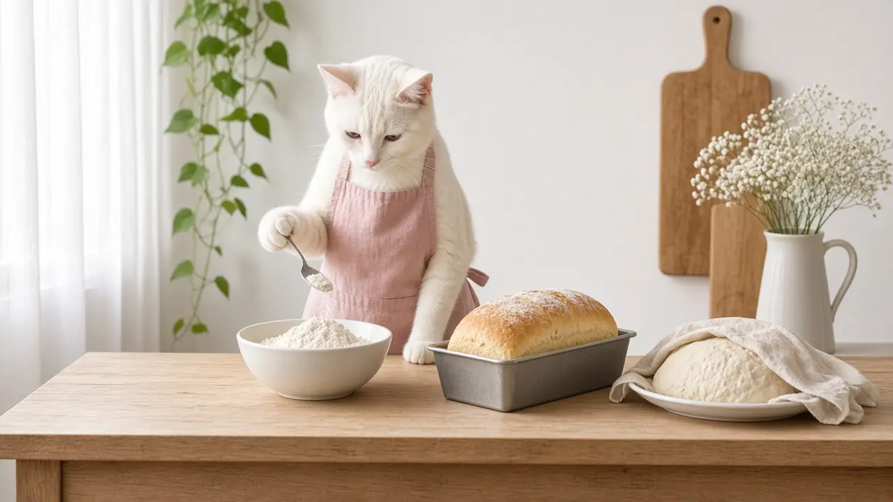 A cream-coloured cat in a pink apron, cooking this dish