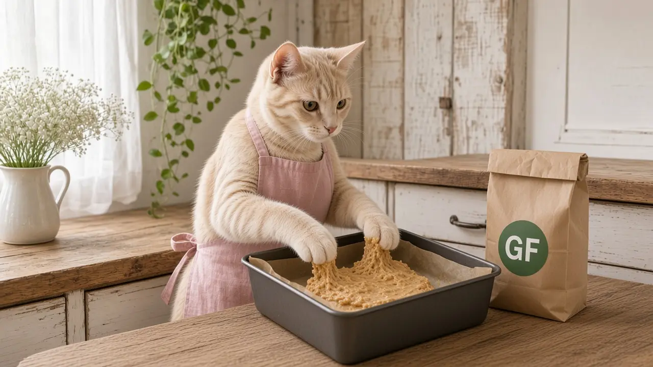 A cream-coloured cat in a pink apron, cooking this dish