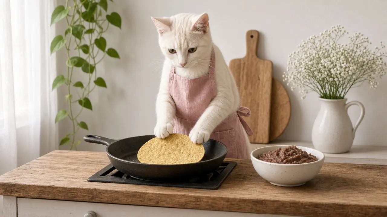A cream-coloured cat in a pink apron, cooking this dish