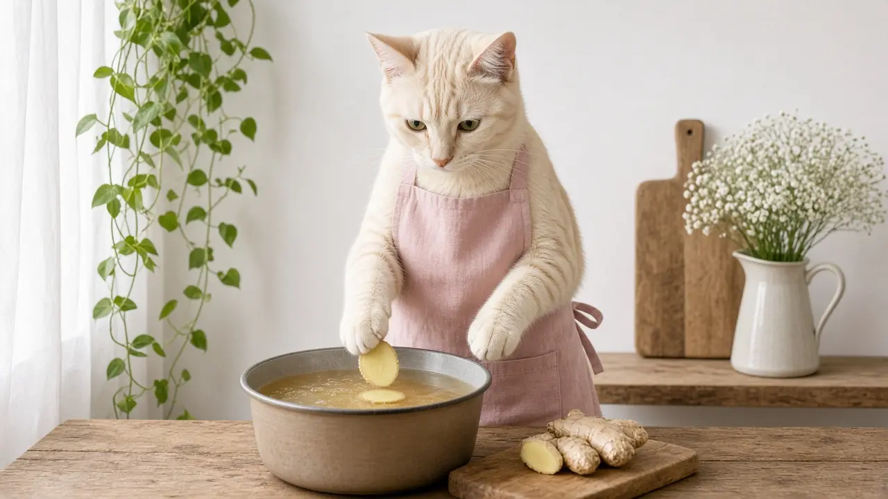 A cream-coloured cat in a pink apron, cooking this dish