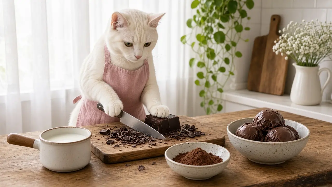 A cream-coloured cat in a pink apron, cooking this dish