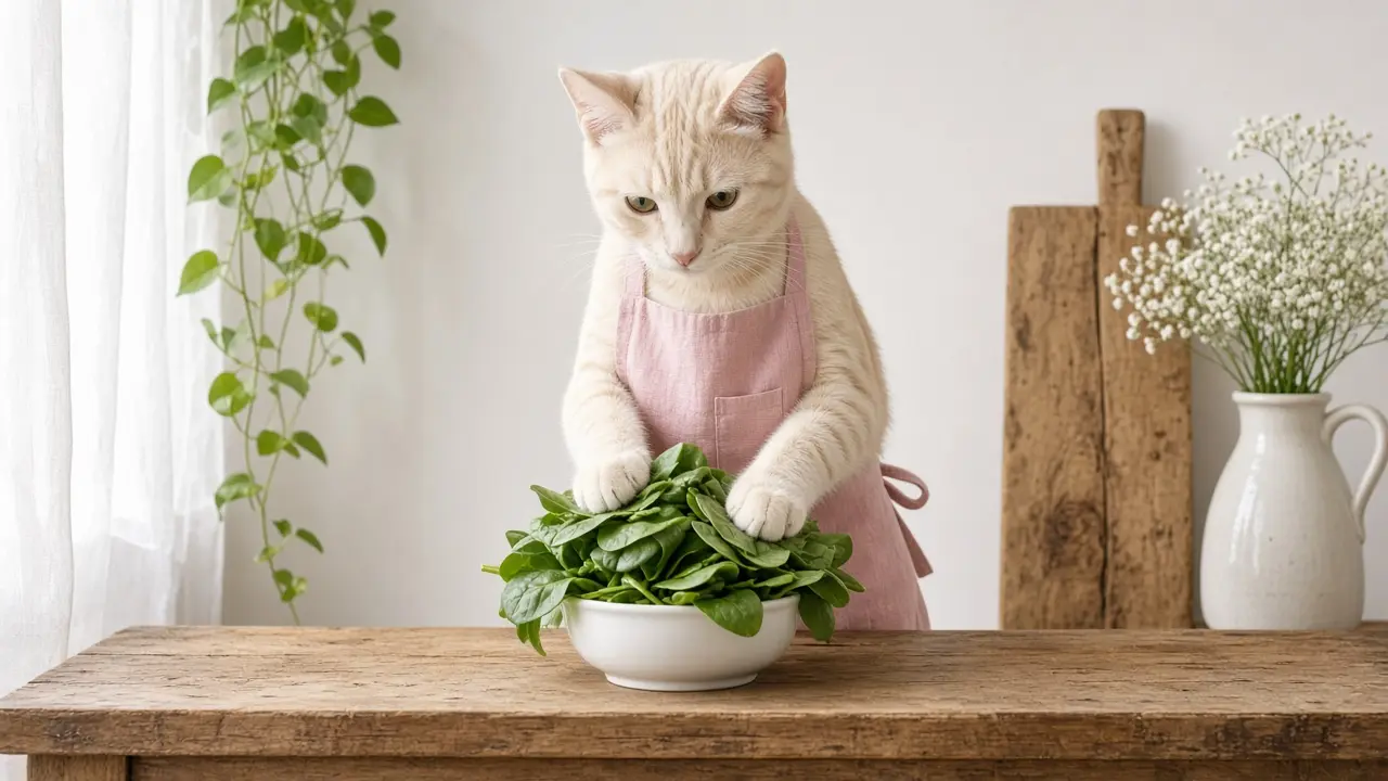 A cream-coloured cat in a pink apron, cooking this dish