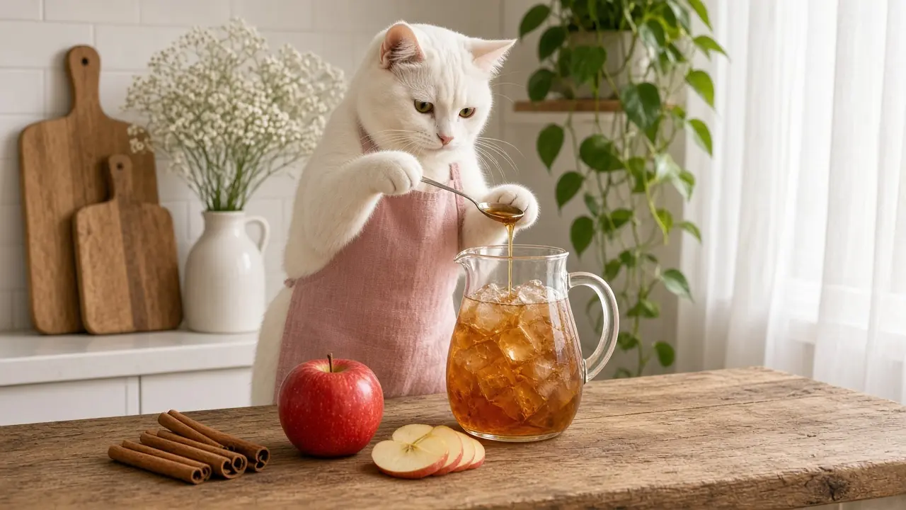 A cream-coloured cat in a pink apron, cooking this dish