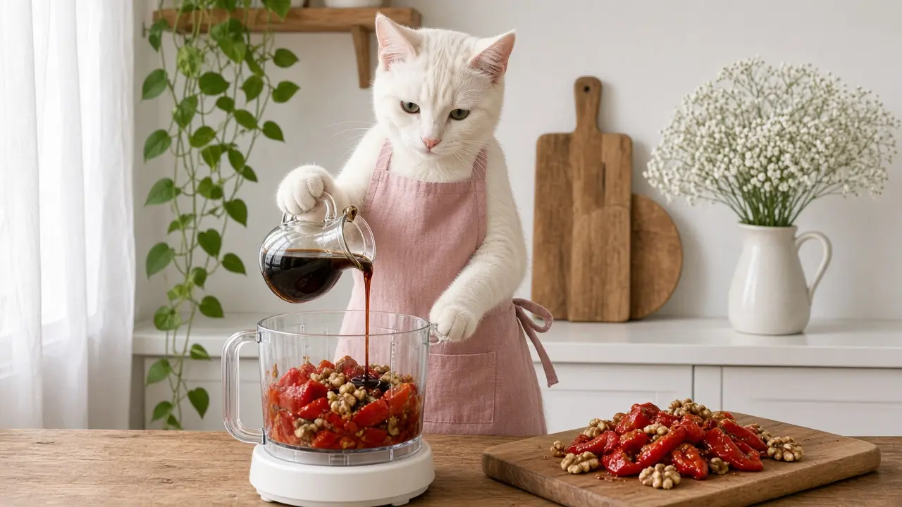 A cream-coloured cat in a pink apron, cooking this dish