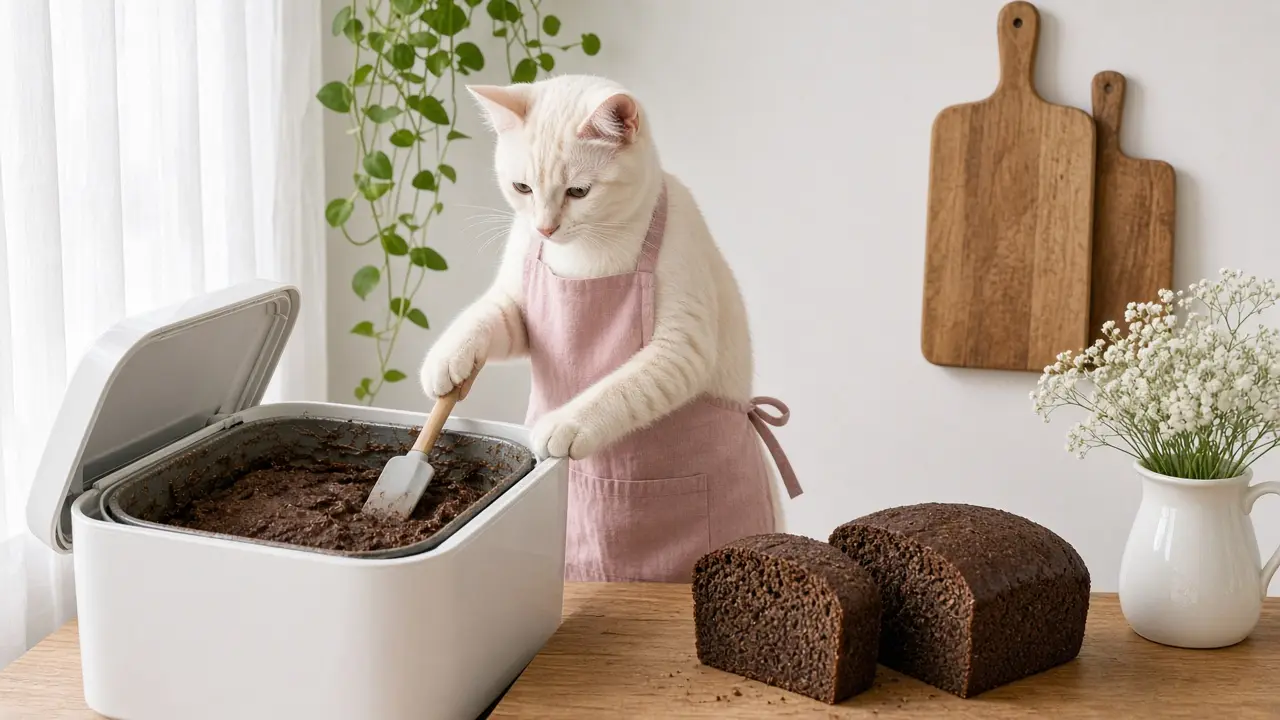 A cream-coloured cat in a pink apron, cooking this dish