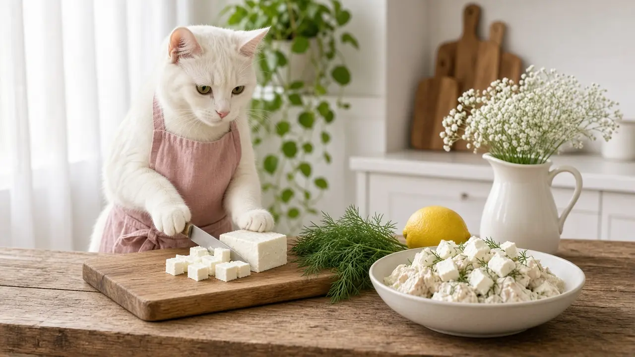 A cream-coloured cat in a pink apron, cooking this dish