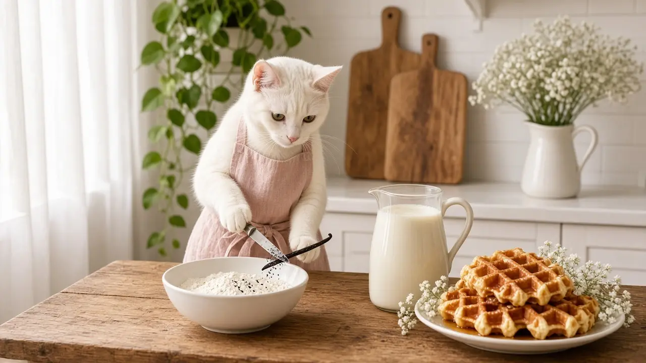 A cream-coloured cat in a pink apron, cooking this dish