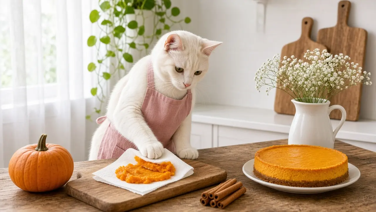 A cream-coloured cat in a pink apron, cooking this dish