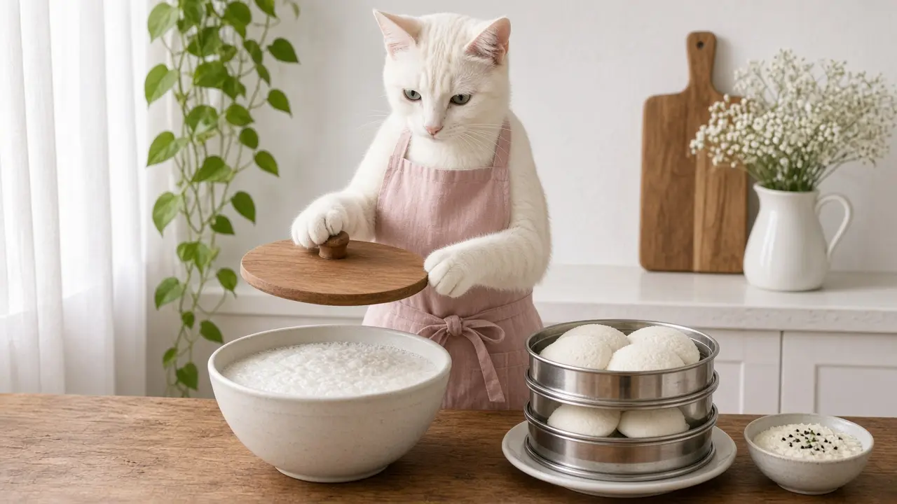 A cream-coloured cat in a pink apron, cooking this dish
