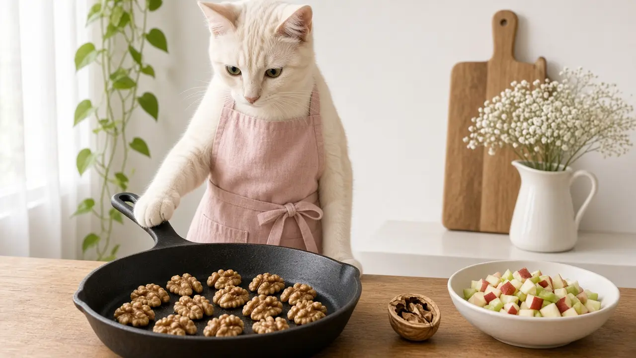 A cream-coloured cat in a pink apron, cooking this dish