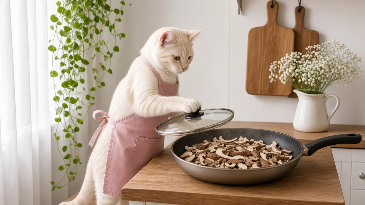 A cream-coloured cat in a pink apron, cooking this dish