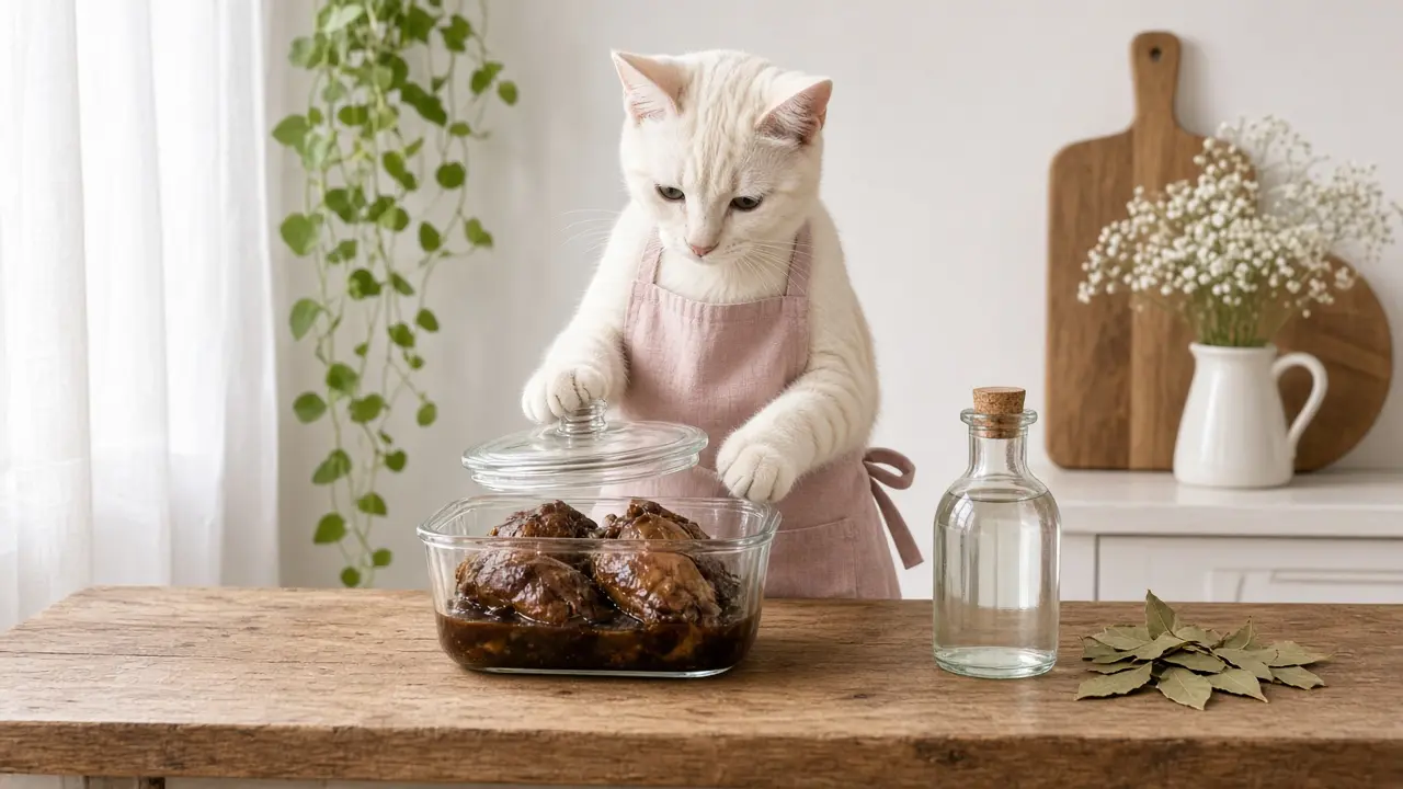 A cream-coloured cat in a pink apron, cooking this dish