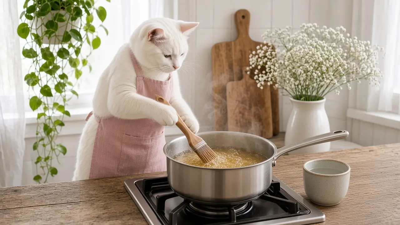 A cream-coloured cat in a pink apron, cooking this dish