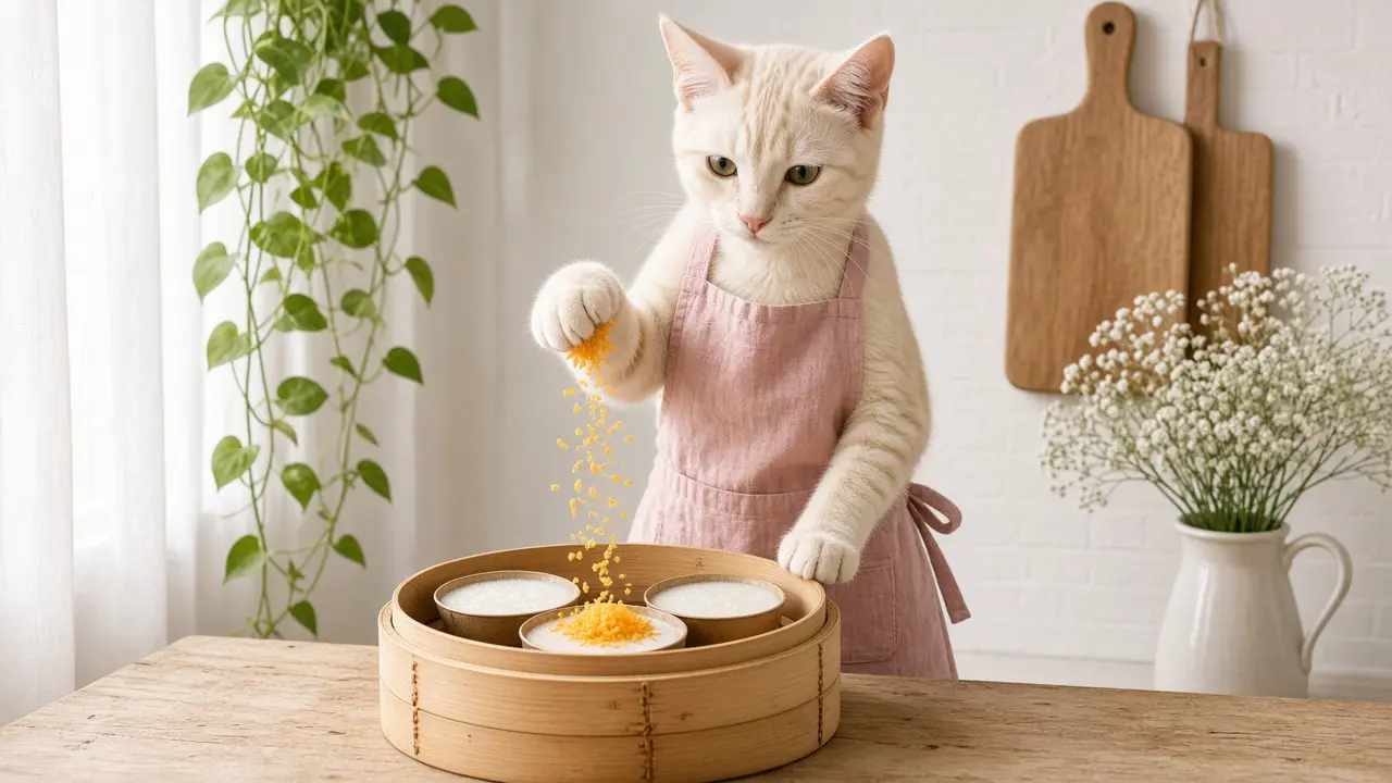 A cream-coloured cat in a pink apron, cooking this dish