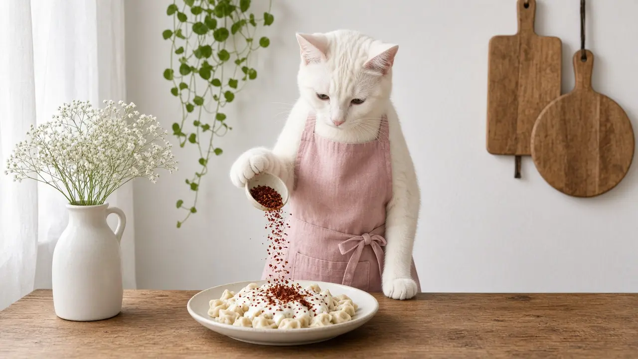 A cream-coloured cat in a pink apron, cooking this dish
