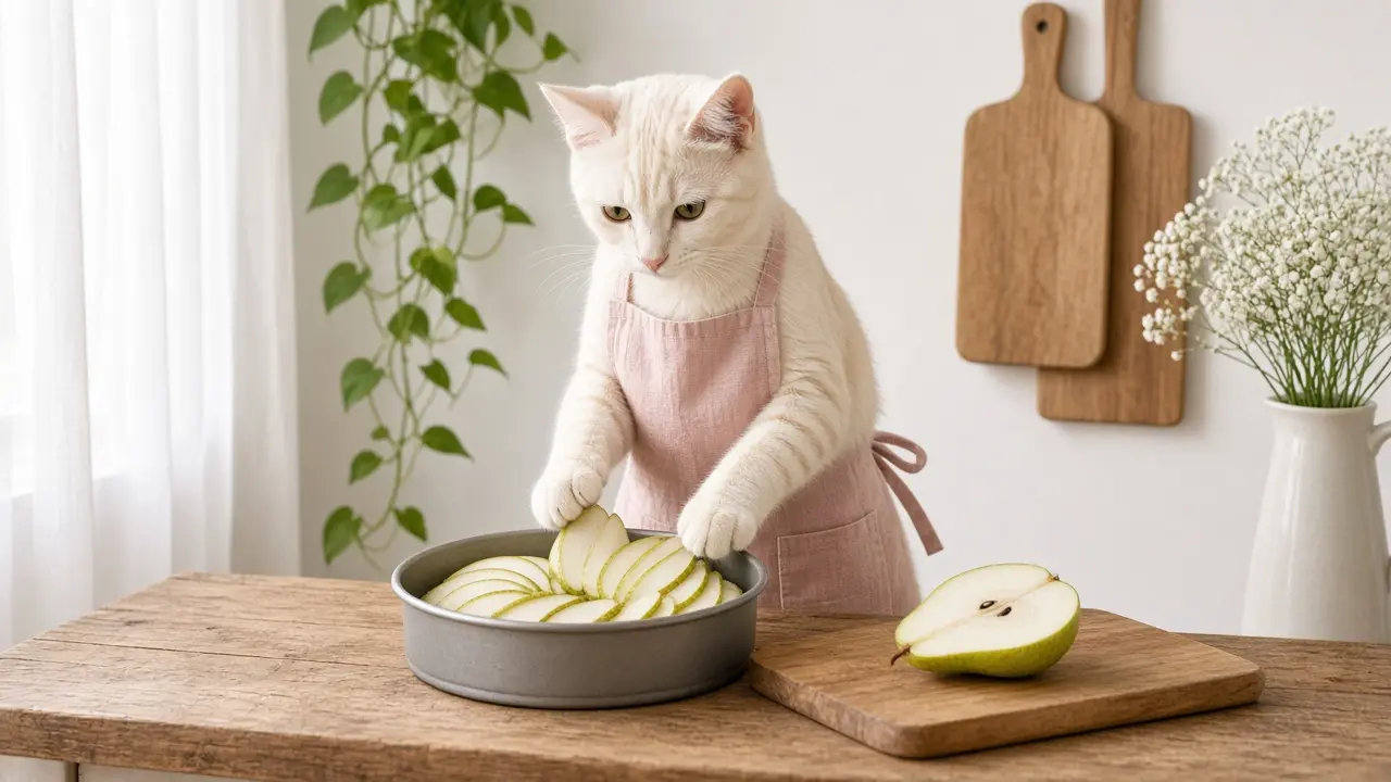 A cream-coloured cat in a pink apron, cooking this dish