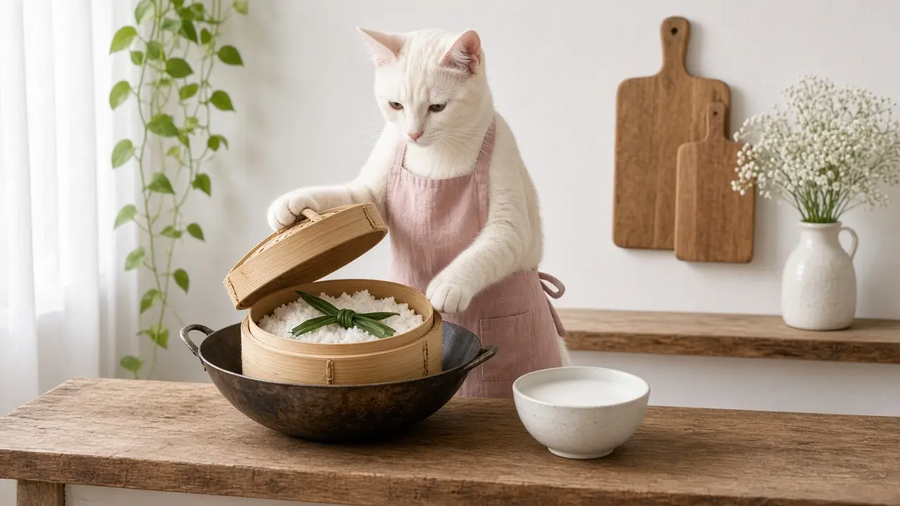 A cream-coloured cat in a pink apron, cooking this dish