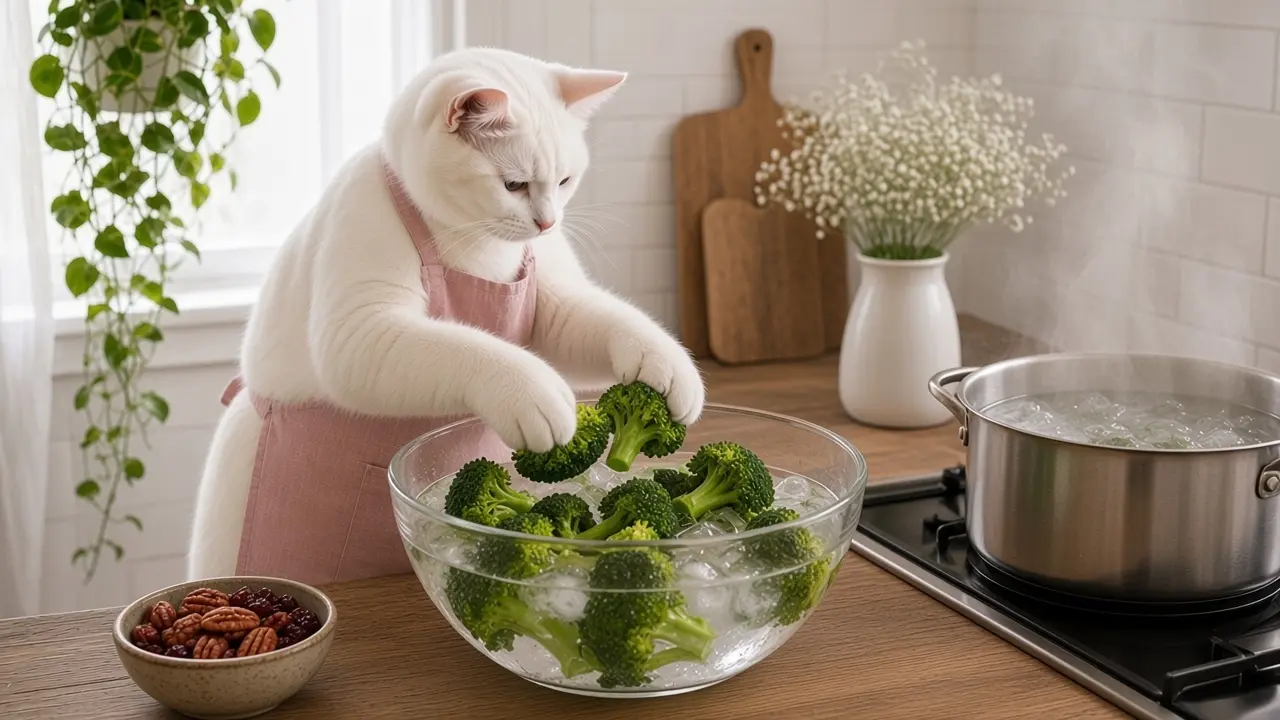 A cream-coloured cat in a pink apron, cooking this dish