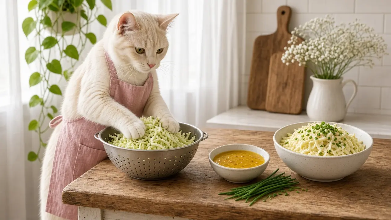 A cream-coloured cat in a pink apron, cooking this dish