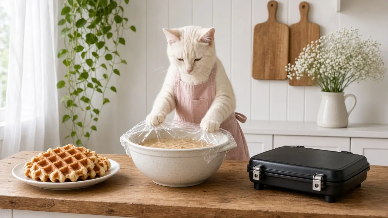 A cream-coloured cat in a pink apron, cooking this dish