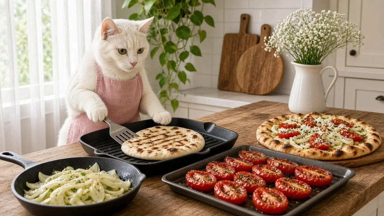 A cream-coloured cat in a pink apron, cooking this dish