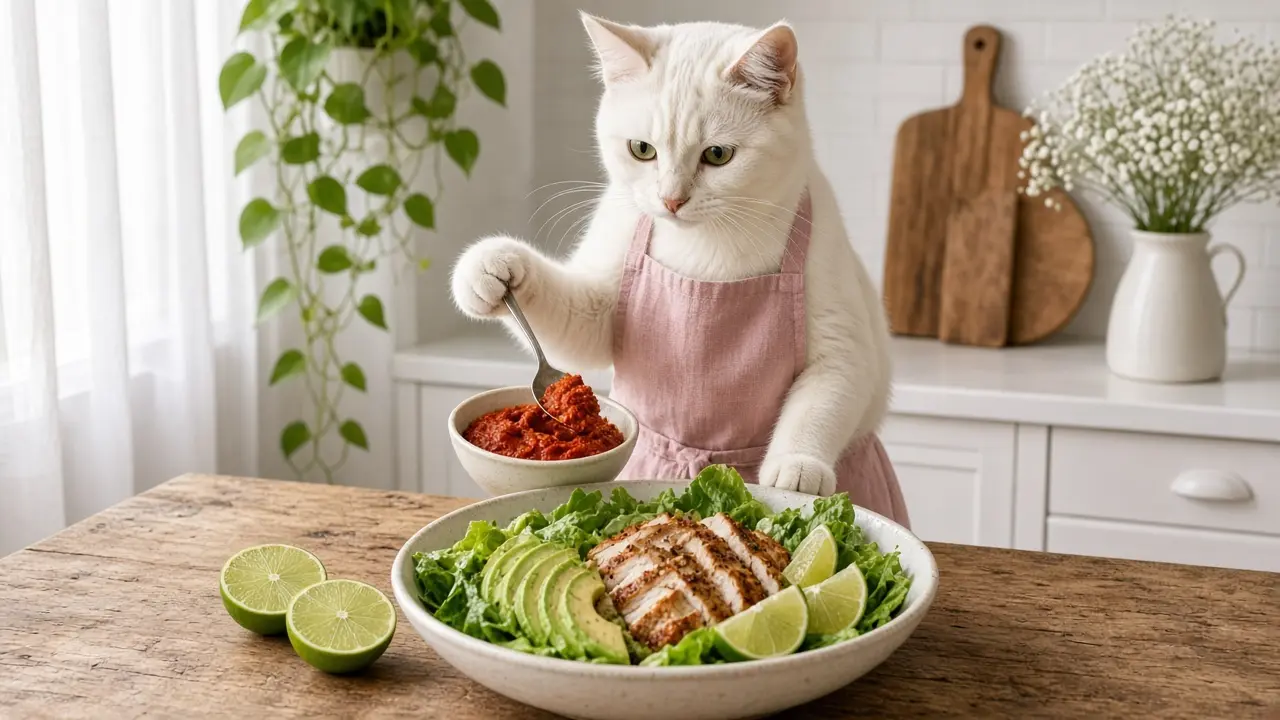 A cream-coloured cat in a pink apron, cooking this dish