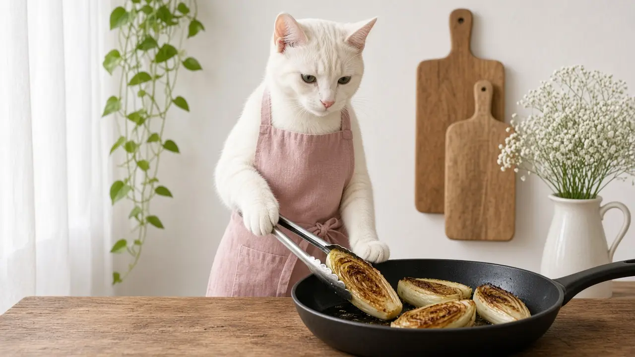 A cream-coloured cat in a pink apron, cooking this dish