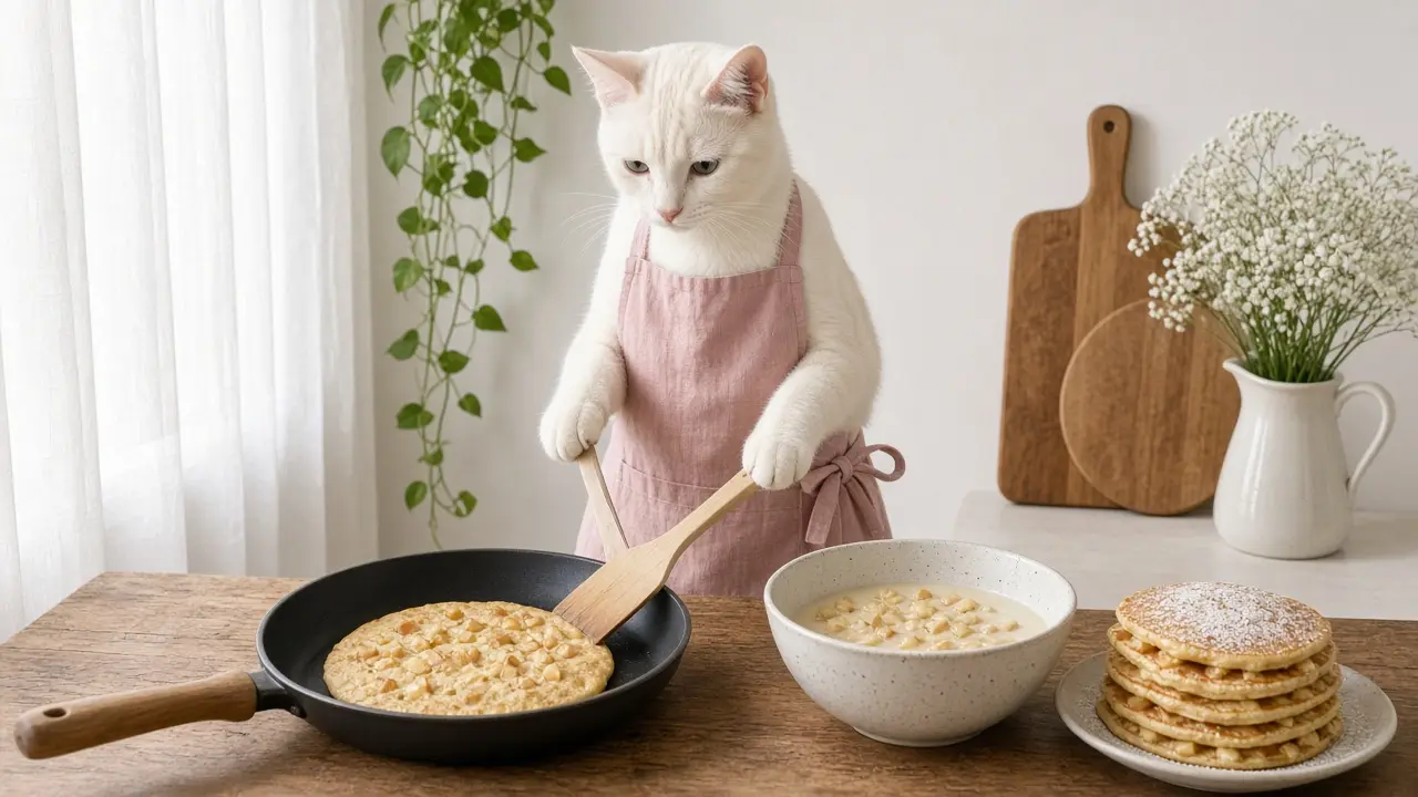 A cream-coloured cat in a pink apron, cooking this dish