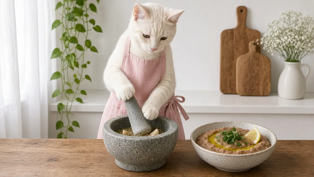 A cream-coloured cat in a pink apron, cooking this dish