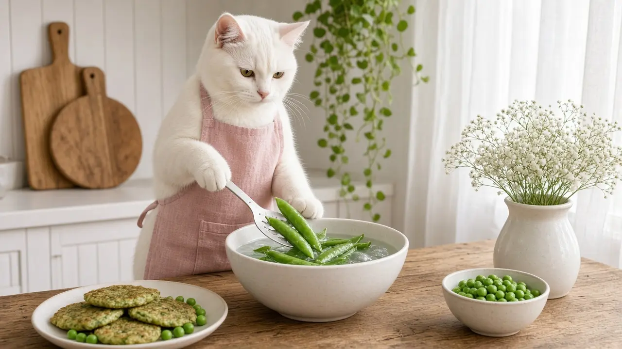 A cream-coloured cat in a pink apron, cooking this dish
