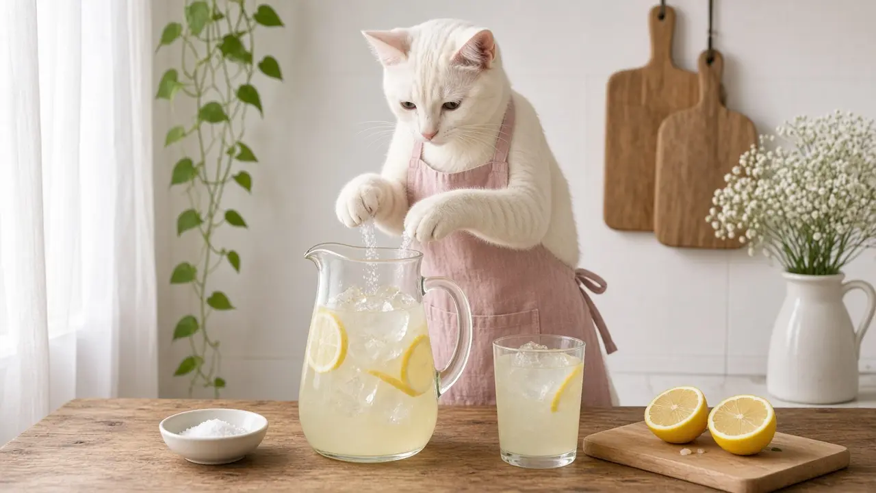A cream-coloured cat in a pink apron, cooking this dish