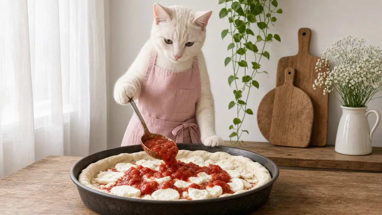 A cream-coloured cat in a pink apron, cooking this dish