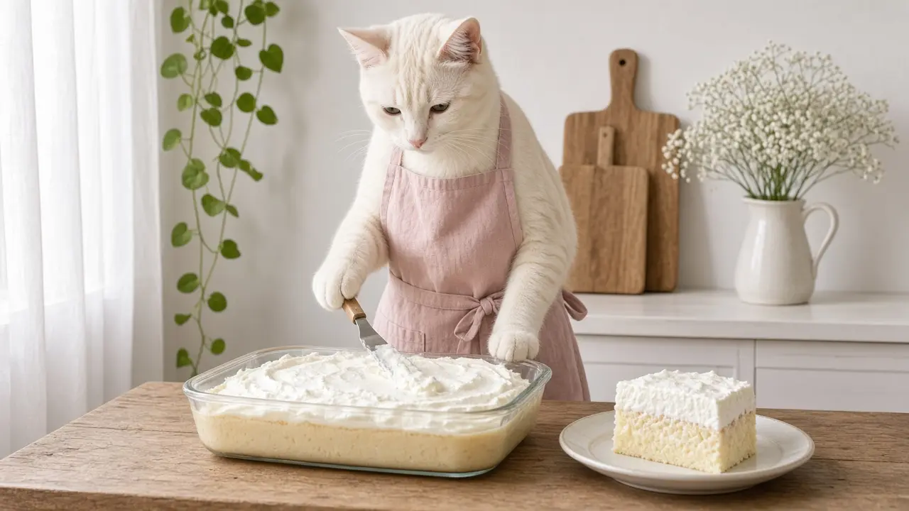A cream-coloured cat in a pink apron, cooking this dish